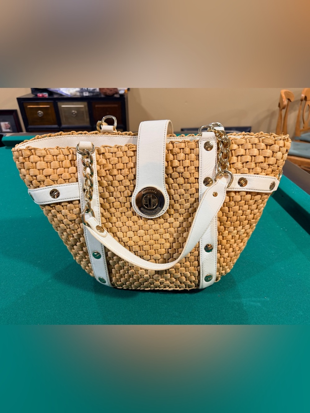 Michael Kors Natural Woven Straw Tote with White Trim
